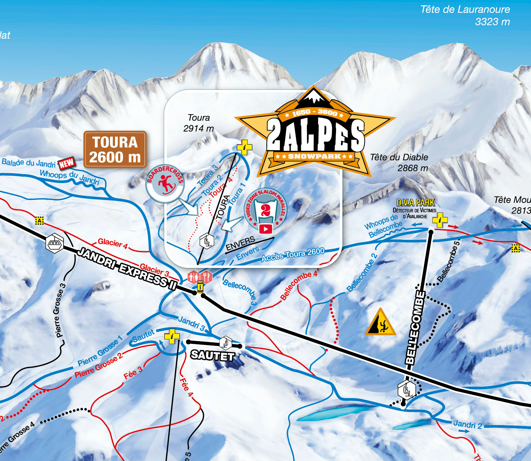 ski aera, ski map, ski lifs Ski resort Alps Les 2 Alpes tourist office, ski vacations and